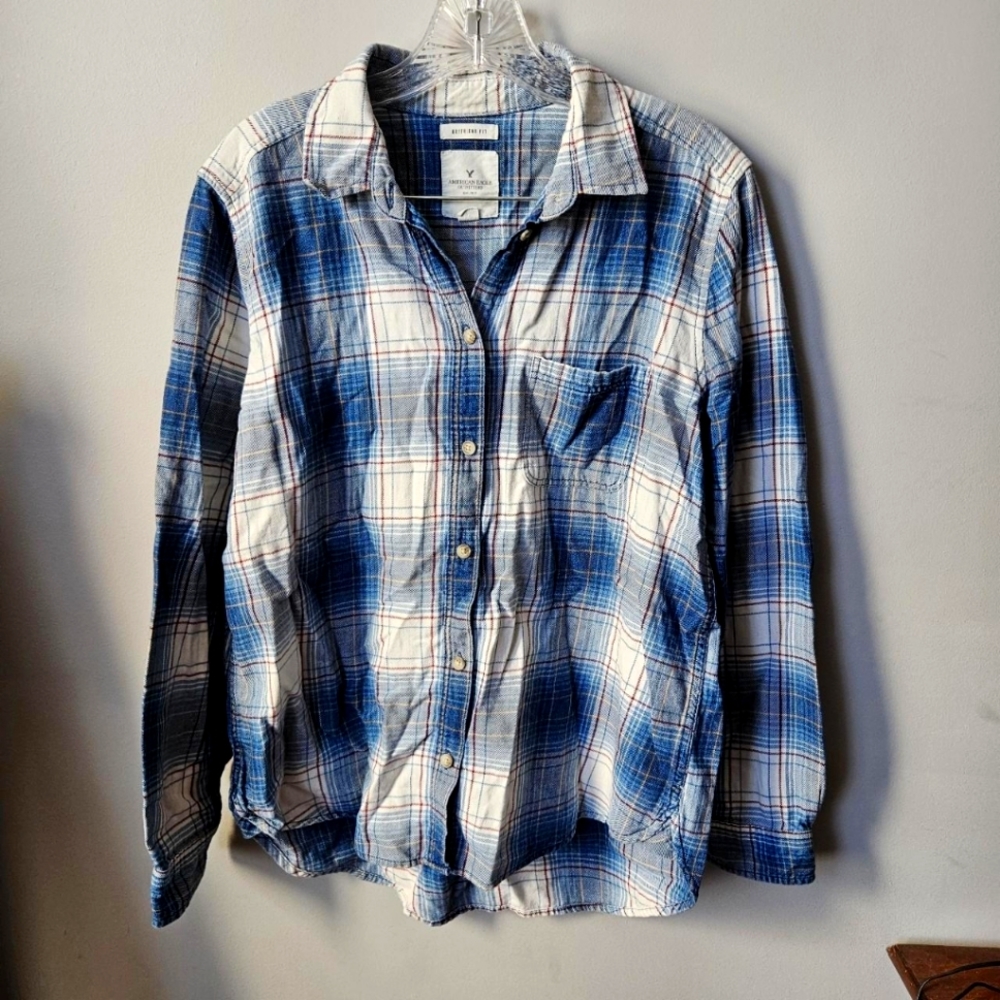 American Eagle Outfitters Boyfriend Fit Plaid Blue/White Women's Large Flannel